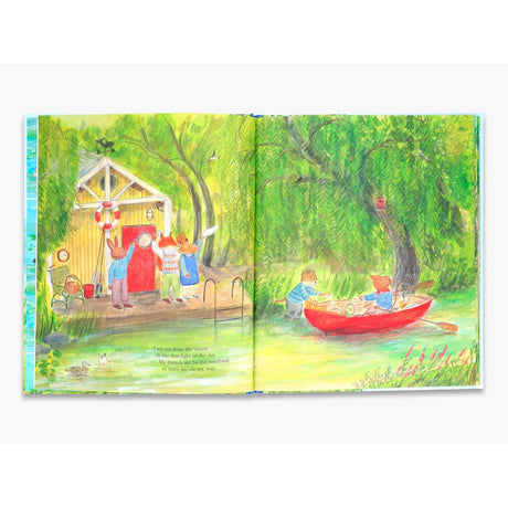 Children's book illustration of a mouse in a red boat waving to animal friends by a yellow riverside cottage.