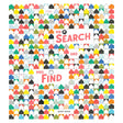 Colorful, geometric cover with rows of small, house-like shapes. Bold text reads, "Mr. Search and Mrs. Find" amidst the pattern. Playful and vibrant design.