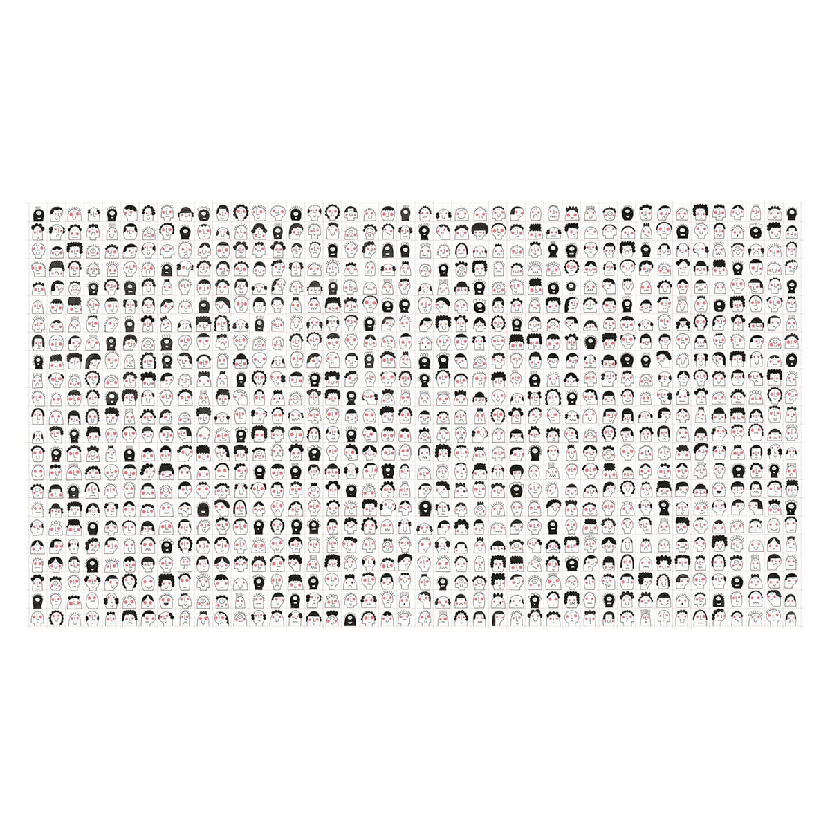 A grid of over 400 cartoon faces, each unique, displaying diverse hairstyles and expressions. The illustration's tone is playful and whimsical.