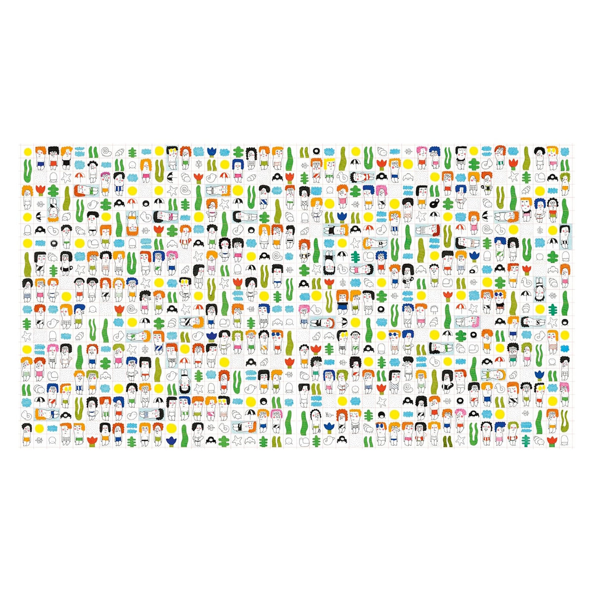 Colorful grid of diverse cartoon faces, each with unique hairstyles and expressions, surrounded by simple icons and patterns on a white background. Playful mood.