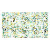 Colorful grid of abstract tree and landscape shapes in green, yellow, blue, and brown. Each square has a unique pattern, creating a playful, organized design.