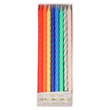 Boxed set of 16 Meri Meri twisted birthday candles in assorted neon colors, silver, and pale pink.