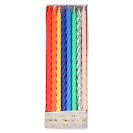 Boxed set of 16 Meri Meri twisted birthday candles in assorted neon colors, silver, and pale pink.