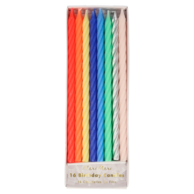 Boxed set of 16 Meri Meri twisted birthday candles in assorted neon colors, silver, and pale pink.