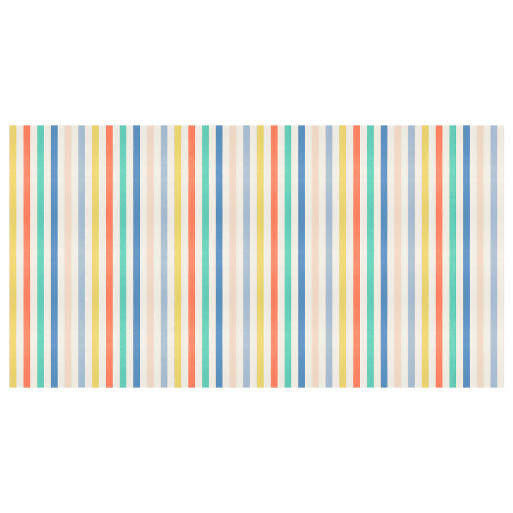 A colorful paper tablecloth featuring bold, multicolored stripes, ideal for brightening up party tables.