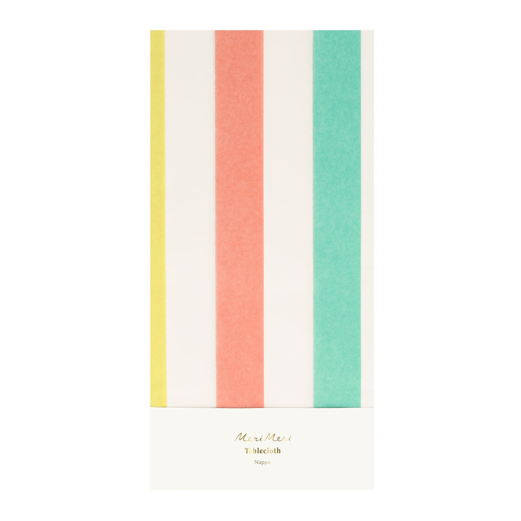 A colorful paper tablecloth featuring bold, multicolored stripes, ideal for brightening up party tables.