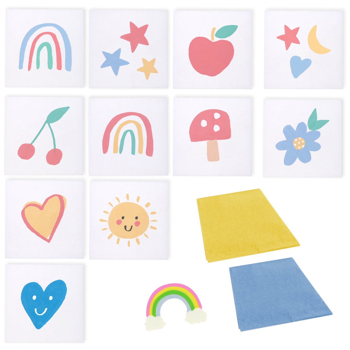 A collection of cute party novelties, temporary tattoos, stickers, and colorful paper tissues.