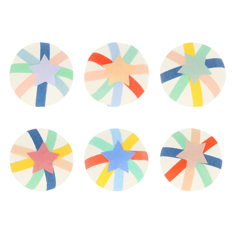 Six colorful crepe paper surprise balls with star toppers arranged in a grid against a white background.