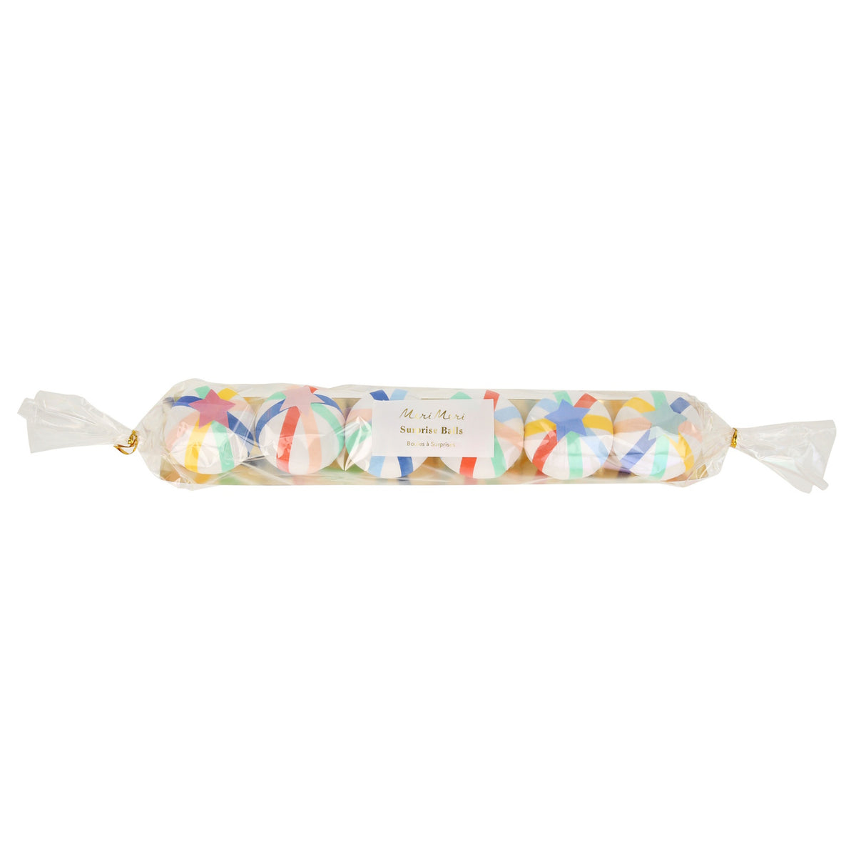 Packaged set of six colorful crepe paper surprise balls lined up inside clear cellophane wrapping with gold ties.