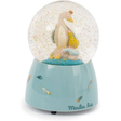 Moulin Roty Le Voyage d'Olga musical snow globe featuring glitter and geese on a blue base.