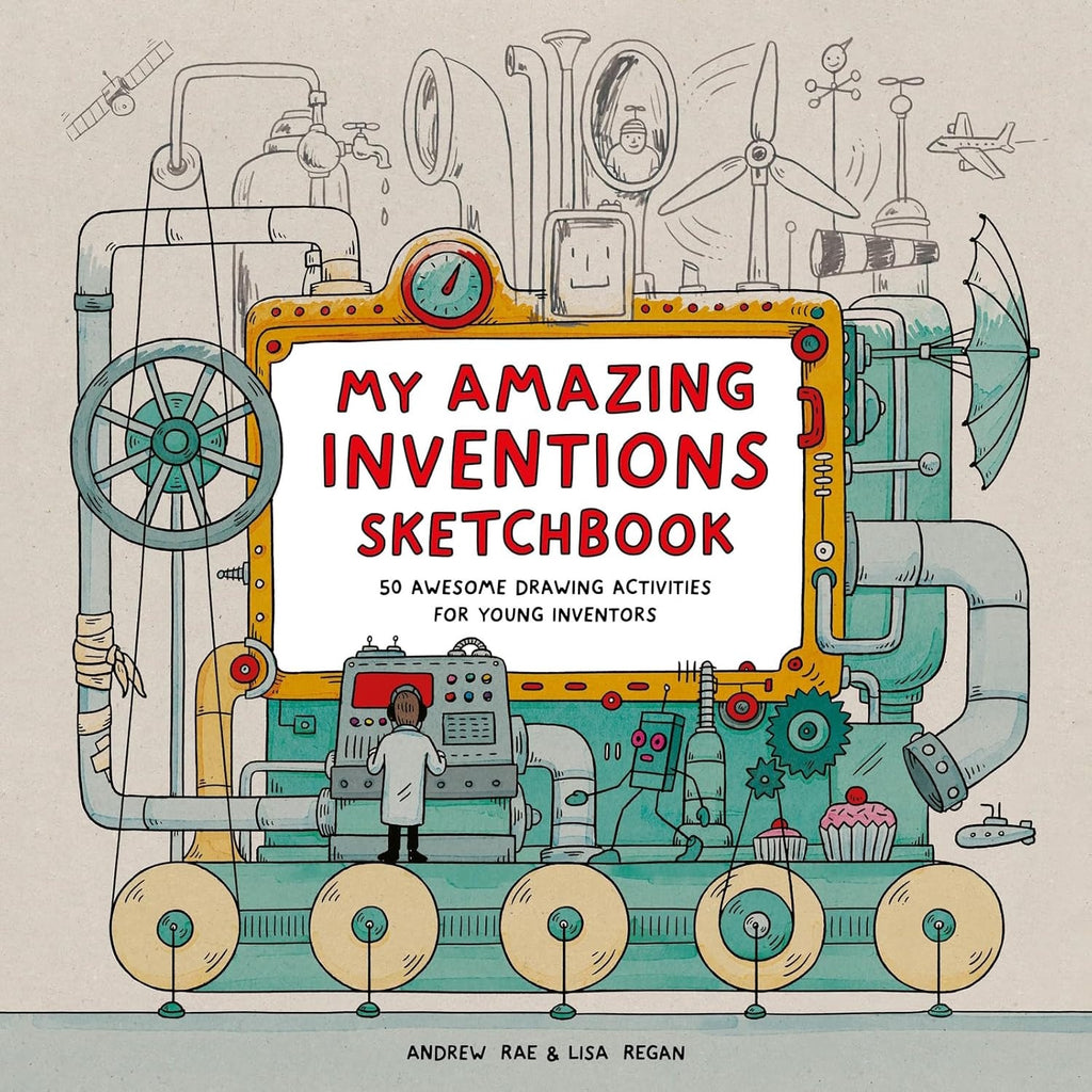 A whimsical book cover titled "My Amazing Inventions Sketchbook" shows a young inventor at a machine, surrounded by gears, pipes, and whimsical inventions.