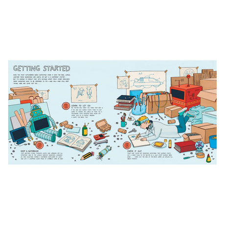A colorful children's book illustration shows an inventor working on prototypes in a busy workshop full of tools and gadgets.