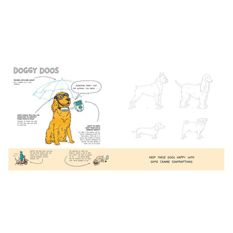 Children's activity book page featuring "Doggy Doos" inventions, dog illustrations, and creative sketching prompts.