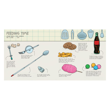 Children’s book illustration "Feeding Time" showing quirky food inventions like a pizza fork and an extendable spoon.