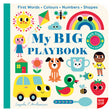 Colorful children's book cover for "My BIG Playbook" with illustrations of a sun, rainbow, car, dog, and duck.