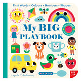 Colorful children's book cover for "My BIG Playbook" with illustrations of a sun, rainbow, car, dog, and duck.