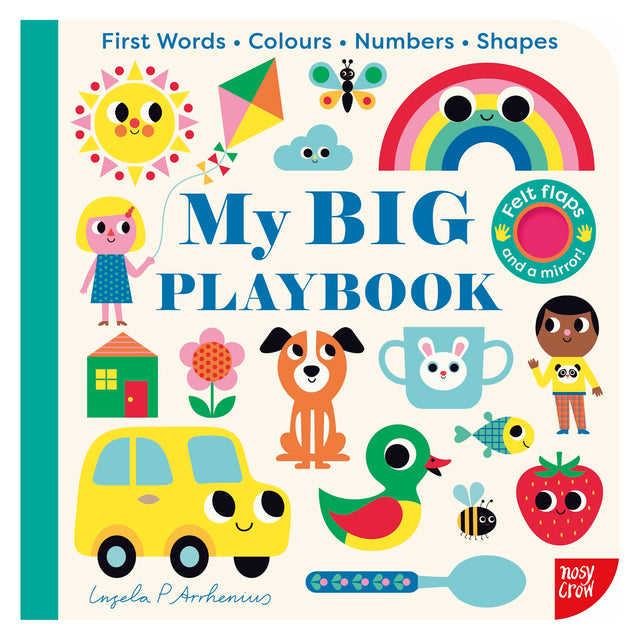 Colorful children's book cover for "My BIG Playbook" with illustrations of a sun, rainbow, car, dog, and duck.