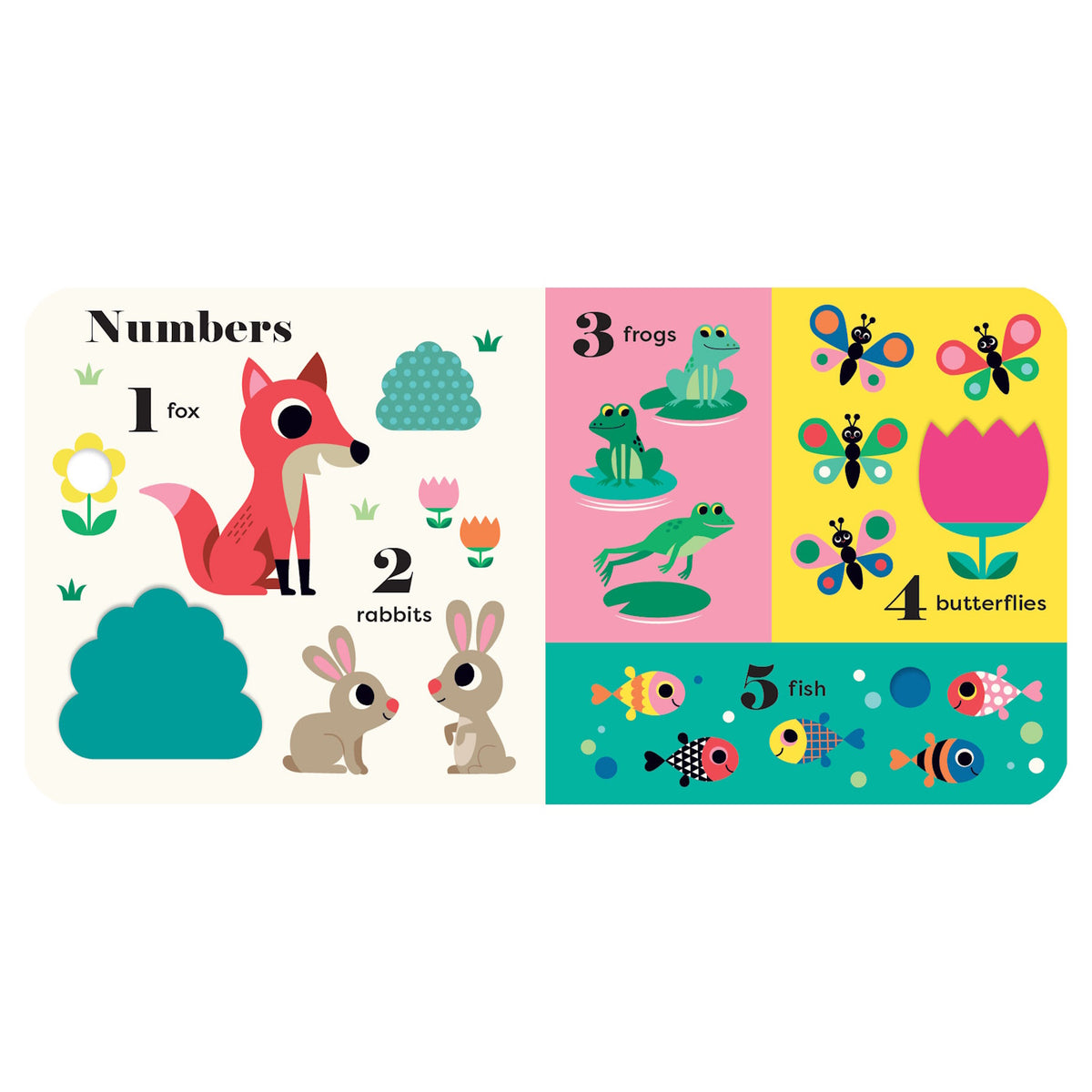 Colorful children's book page teaching numbers 1 to 5 with illustrations of a fox, rabbits, frogs, butterflies, and fish.