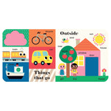 Children's book illustration of vehicles and outdoor items like a house, tree, and sun with simple labels.
