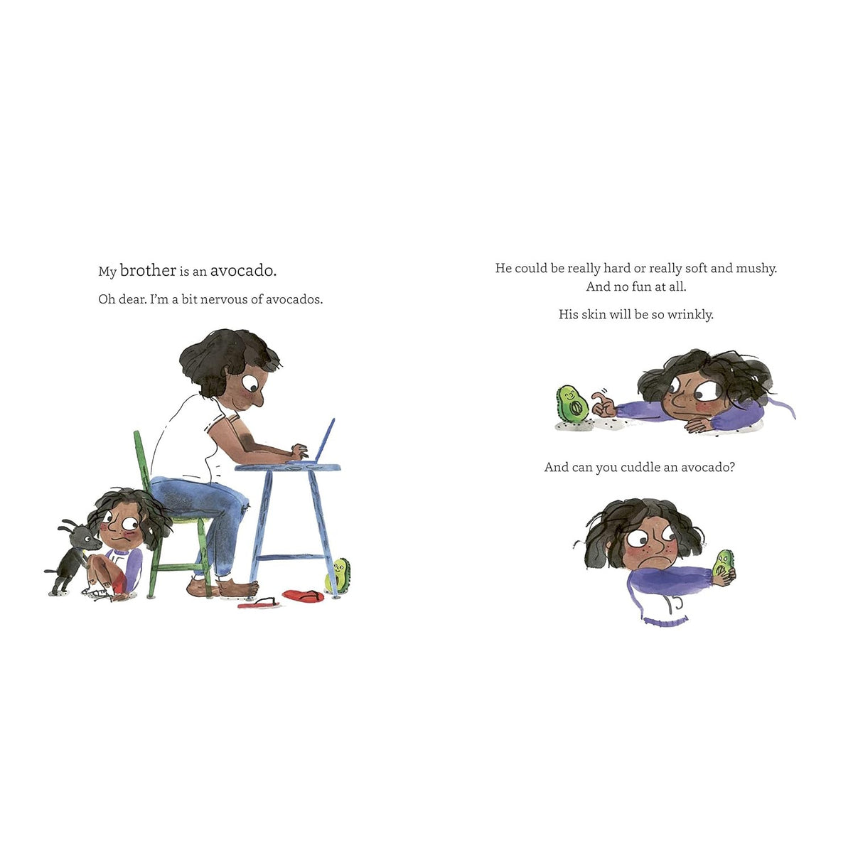 Illustrations from a children's book showing a young girl interacting with a small avocado character and an adult.