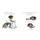 Illustrations from a children's book showing a young girl interacting with a small avocado character and an adult.
