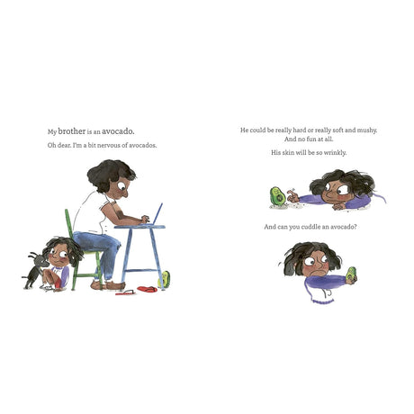 Illustrations from a children's book showing a young girl interacting with a small avocado character and an adult.