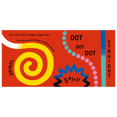 Children's art book page with colorful spiral, spiky, dotted, and straight lines on a red background.