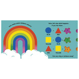 Educational children's book page showing a colorful rainbow and a color-mixing guide with primary and secondary colors.