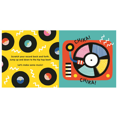 Colorful children's book illustration of vinyl records and a red turntable with the text "CHIKA! CHIKA!" and hip hop lyrics.