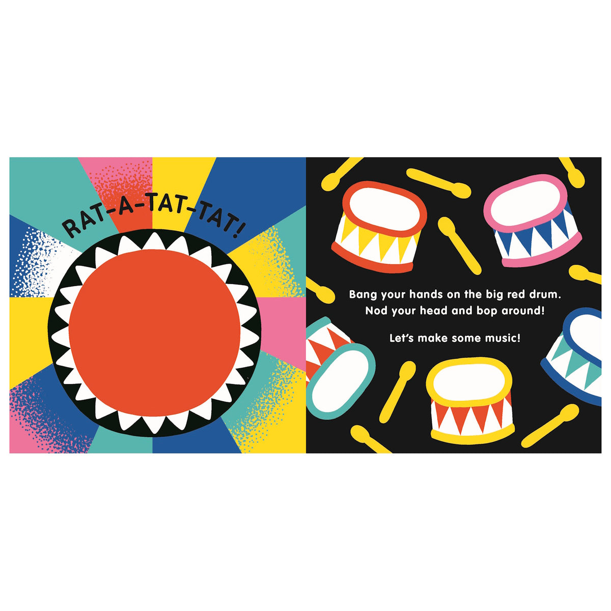 Colorful children's book spread featuring a large red drum and smaller illustrated drums with the text "RAT-A-TAT-TAT!"