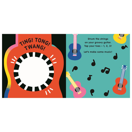 Colorful children's book spread featuring guitars, musical notes, and text: "Strum the strings on your groovy guitar."