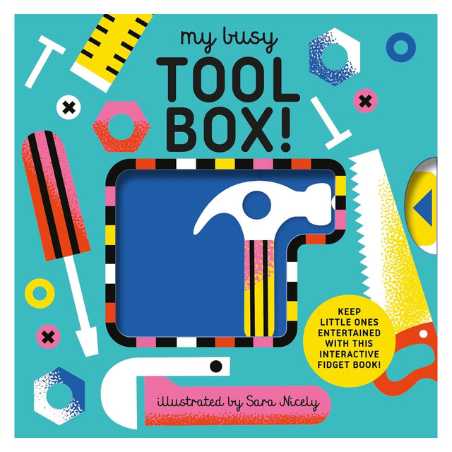 Book cover for 'My Busy Tool Box!' featuring colorful illustrations of tools like a hammer and saw.