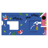 Interactive children's book page showing birds, nails, a hammer mechanism, and a birdhouse with action words.