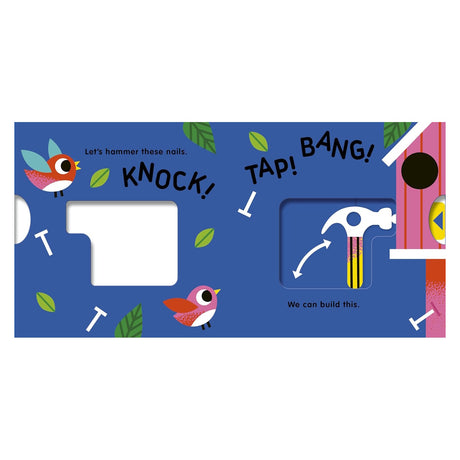 Interactive children's book page showing birds, nails, a hammer mechanism, and a birdhouse with action words.