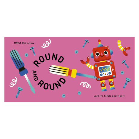 Colorful illustration of screwdrivers, loose screws, and a cute red toy robot on a pink background.