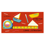 Children's book illustration of a tape measure extended beside colorful toy boat pieces.