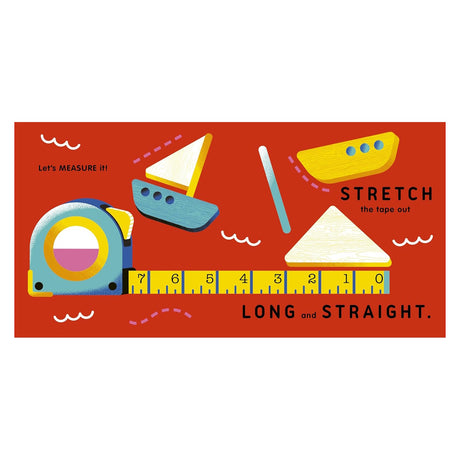 Children's book illustration of a tape measure extended beside colorful toy boat pieces.