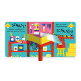 Children's book page showing a colorful workbench with a handsaw cutting a piece of wood.
