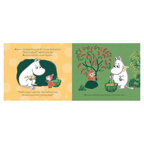Moomintroll and Little My picking berries in a forest illustration from the My First Moomin: Best Friends book.