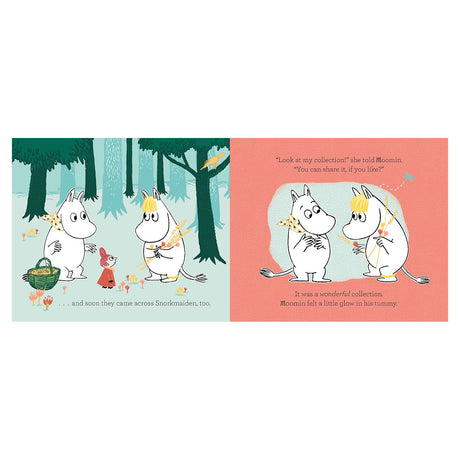 Moomintroll and Snorkmaiden sharing a collection of flowers in an illustration from the My First Moomin: Best Friends book.