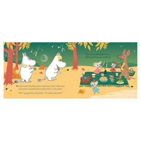 Moomin, Snorkmaiden, and Sniff having a beach picnic in an illustration from the My First Moomin: Best Friends book.