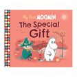 Cover of "My First Moomin: The Special Gift" shows Moomin, Little My, and Snufkin sitting on grass by a bridge with a pink sky and sun. Whimsical tone.