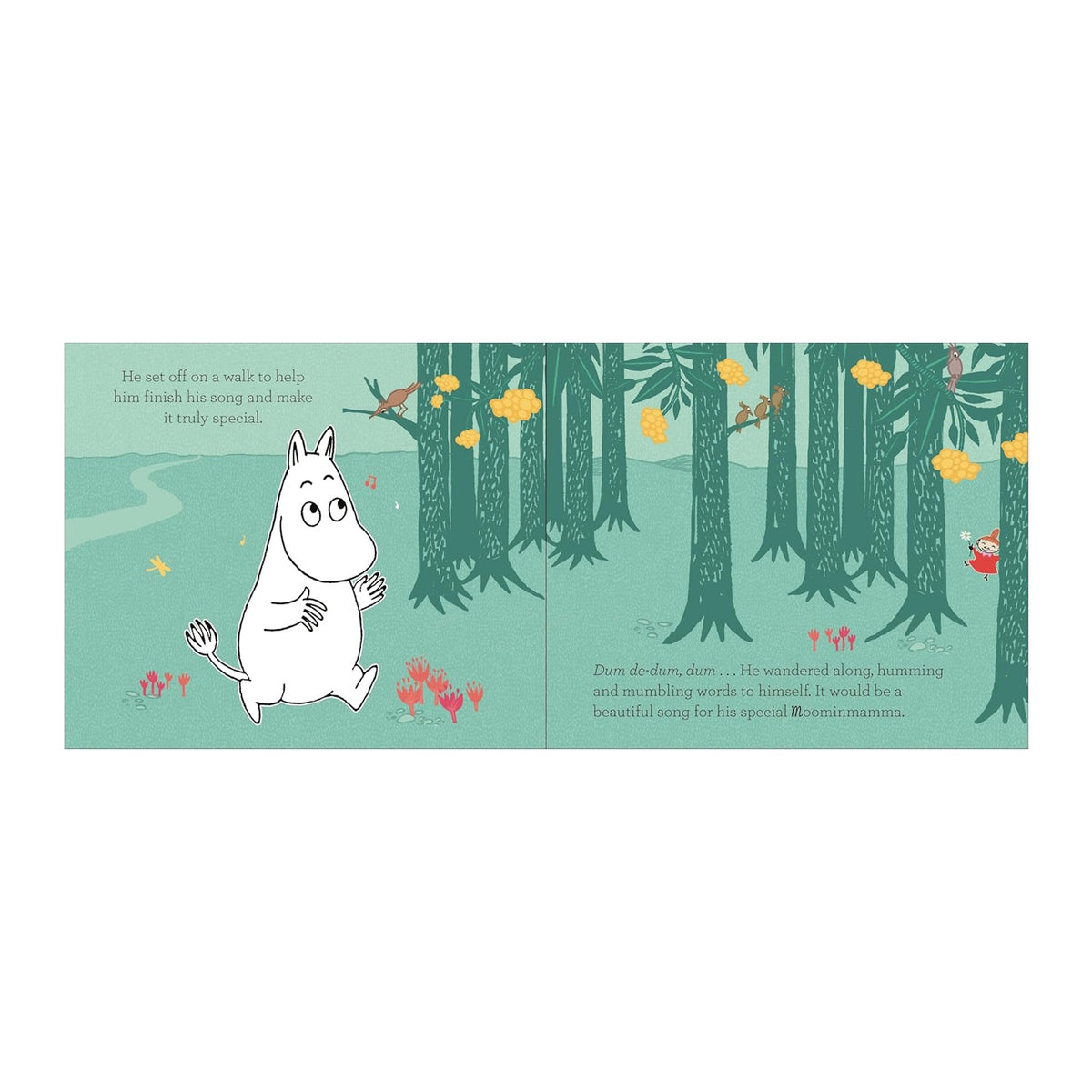 Illustration of a white, hippopotamus-like creature walking in a whimsical forest with tall, dark green trees and yellow flowers. A small figure peeks from behind a tree, while red flowers dot the ground, creating a playful and imaginative atmosphere.
