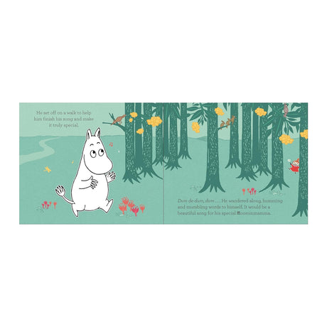 Illustration of a white, hippopotamus-like creature walking in a whimsical forest with tall, dark green trees and yellow flowers. A small figure peeks from behind a tree, while red flowers dot the ground, creating a playful and imaginative atmosphere.