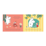 Illustration of Moomintroll and Little My on two pages. Moomintroll looks curious, while Little My makes a flower necklace, set against colorful backgrounds.