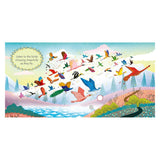 Illustration of colorful birds flying over a landscape with text: "Listen to the birds chirping cheerfully as they fly."