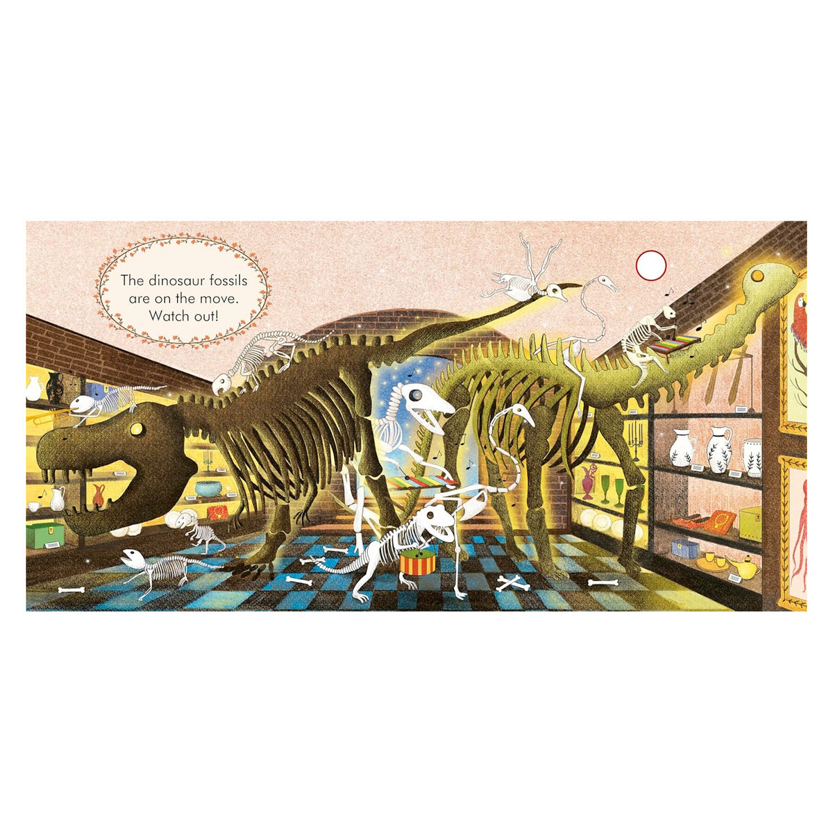 Illustration of dinosaur fossils playing musical instruments in a museum from the Carnival of the Animals storybook.