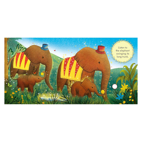 Children's book illustration of adult and baby elephants wearing circus hats and blankets in a grassy field.