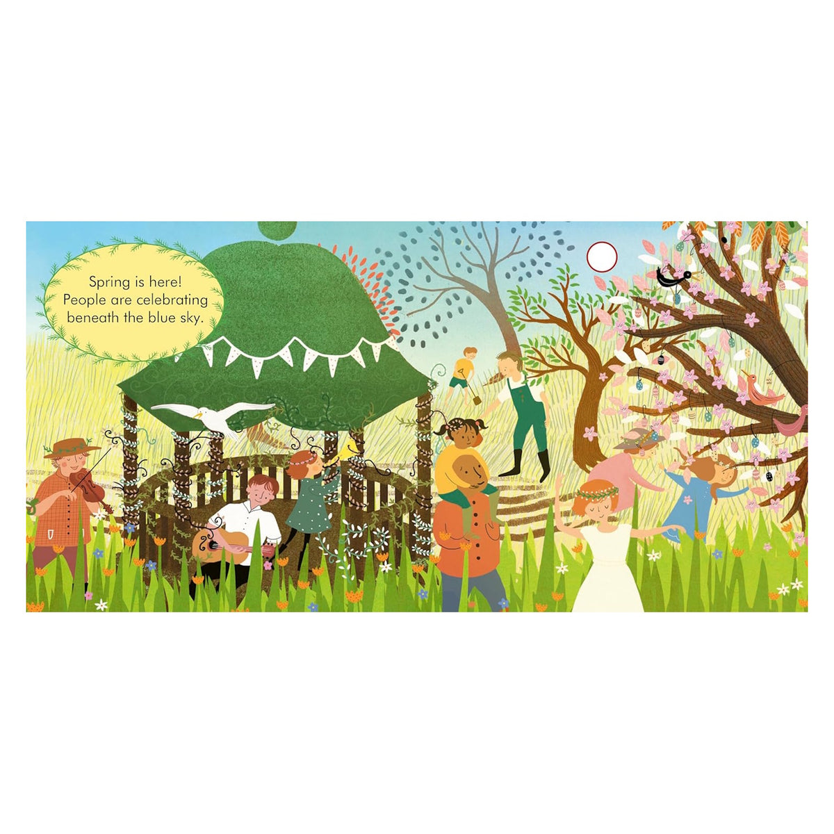 Illustration of people playing music and dancing in a park with a green gazebo to celebrate spring.