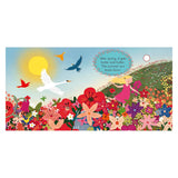 Girl in a pink dress runs through a colorful summer flower field under a bright sun with birds flying above.